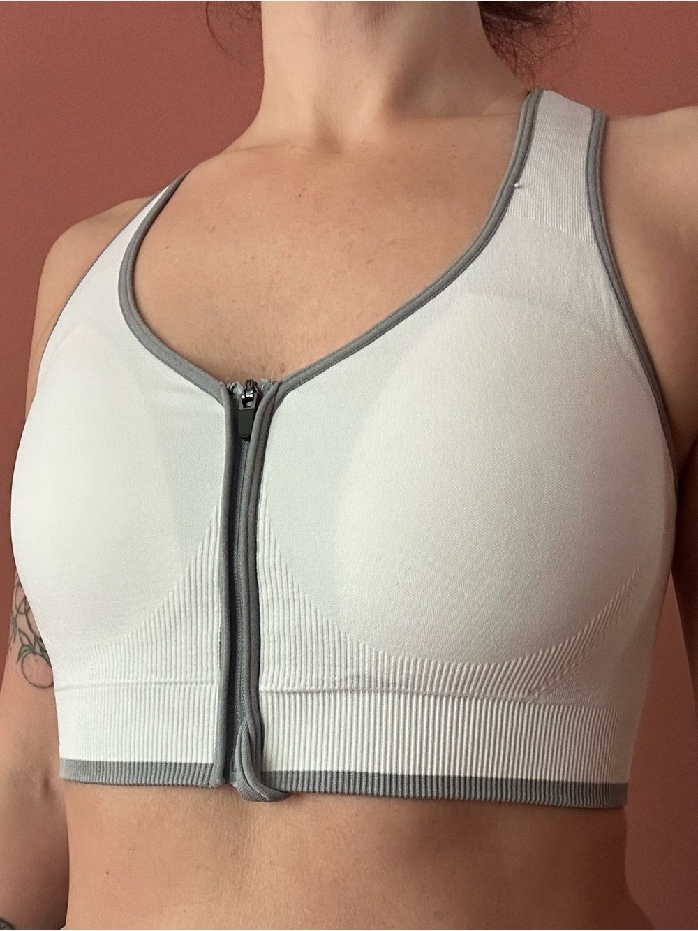 Avia Front-Zip White Sports Bra with Gray Trim - Picture 3 of 5